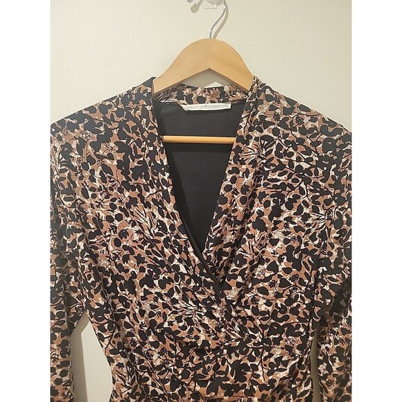 Peruvian Connection Pantera Top V Neck Ruched Brown Floral Faux Wrap Shirt M - Picture 4 of 9